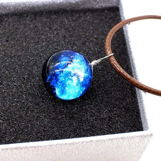 New galaxy necklaces Stars Glass Ball Pendant Crystal Collares Duplex Planet Pattern Leather Chain Maxi Necklace For unisex