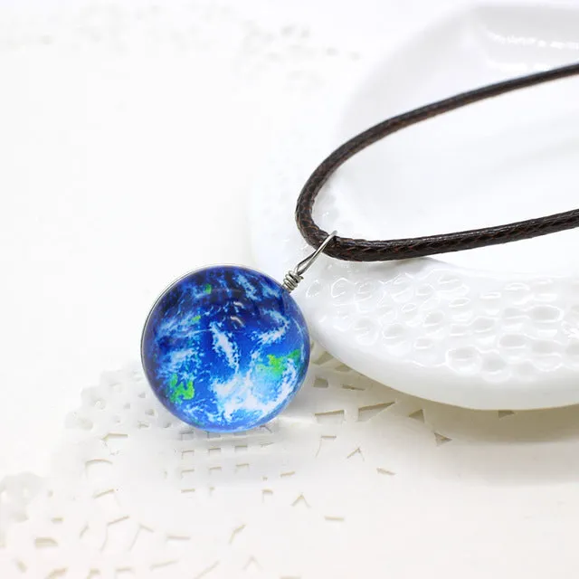 New galaxy necklaces Stars Glass Ball Pendant Crystal Collares Duplex Planet Pattern Leather Chain Maxi Necklace For unisex