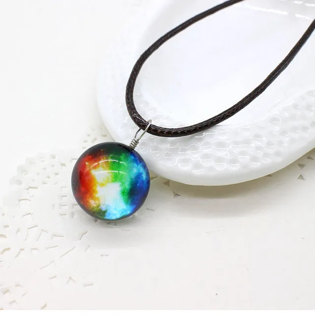 New galaxy necklaces Stars Glass Ball Pendant Crystal Collares Duplex Planet Pattern Leather Chain Maxi Necklace For unisex