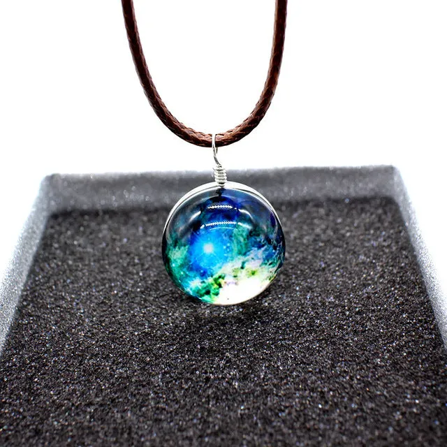 New galaxy necklaces Stars Glass Ball Pendant Crystal Collares Duplex Planet Pattern Leather Chain Maxi Necklace For unisex