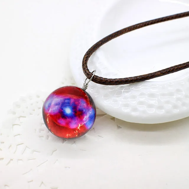 New galaxy necklaces Stars Glass Ball Pendant Crystal Collares Duplex Planet Pattern Leather Chain Maxi Necklace For unisex