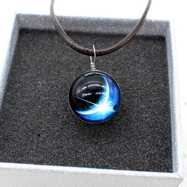 New galaxy necklaces Stars Glass Ball Pendant Crystal Collares Duplex Planet Pattern Leather Chain Maxi Necklace For unisex