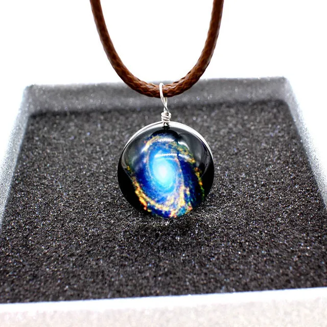 New galaxy necklaces Stars Glass Ball Pendant Crystal Collares Duplex Planet Pattern Leather Chain Maxi Necklace For unisex