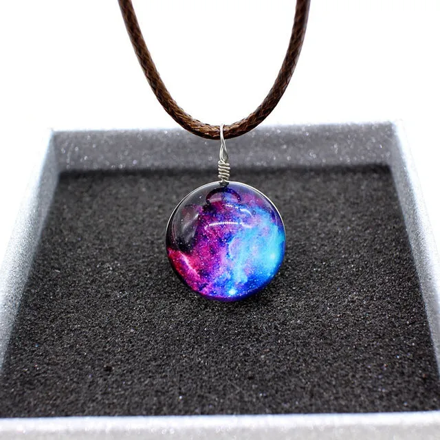 New galaxy necklaces Stars Glass Ball Pendant Crystal Collares Duplex Planet Pattern Leather Chain Maxi Necklace For unisex