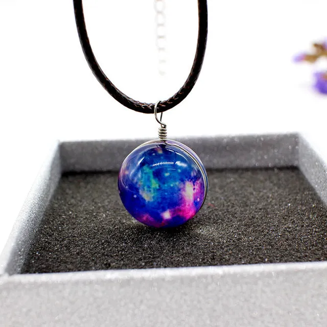 New galaxy necklaces Stars Glass Ball Pendant Crystal Collares Duplex Planet Pattern Leather Chain Maxi Necklace For unisex