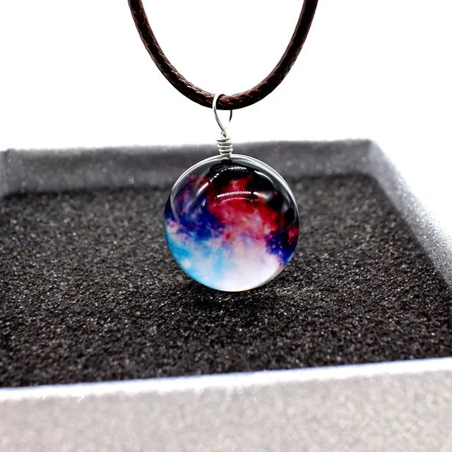 New galaxy necklaces Stars Glass Ball Pendant Crystal Collares Duplex Planet Pattern Leather Chain Maxi Necklace For unisex