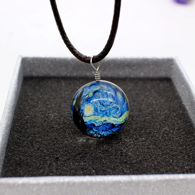 New galaxy necklaces Stars Glass Ball Pendant Crystal Collares Duplex Planet Pattern Leather Chain Maxi Necklace For unisex