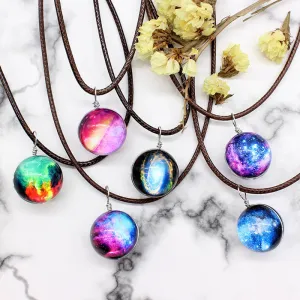 New galaxy necklaces Stars Glass Ball Pendant Crystal Collares Duplex Planet Pattern Leather Chain Maxi Necklace For unisex