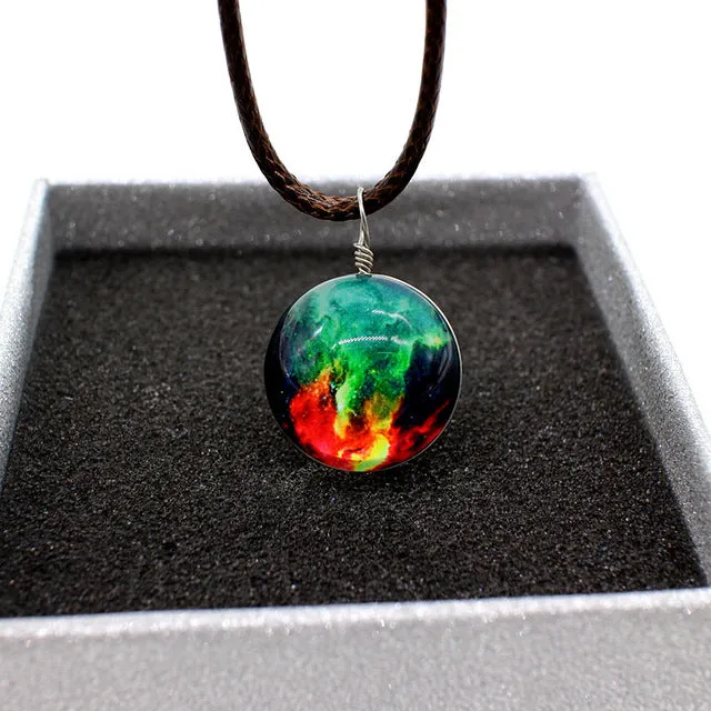 New galaxy necklaces Stars Glass Ball Pendant Crystal Collares Duplex Planet Pattern Leather Chain Maxi Necklace For unisex