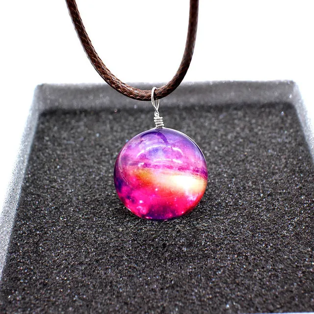 New galaxy necklaces Stars Glass Ball Pendant Crystal Collares Duplex Planet Pattern Leather Chain Maxi Necklace For unisex