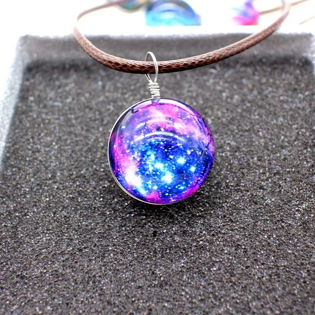 New galaxy necklaces Stars Glass Ball Pendant Crystal Collares Duplex Planet Pattern Leather Chain Maxi Necklace For unisex