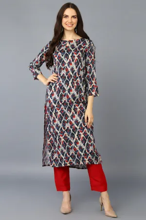 Off White Viscose Rayon Printed Straight Kurta