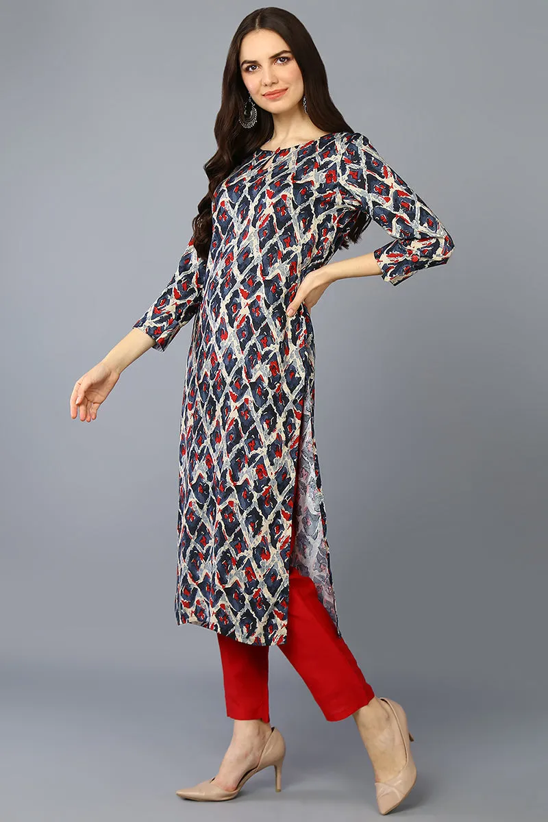 Off White Viscose Rayon Printed Straight Kurta