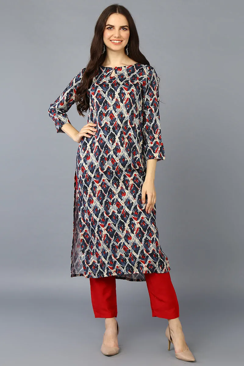 Off White Viscose Rayon Printed Straight Kurta