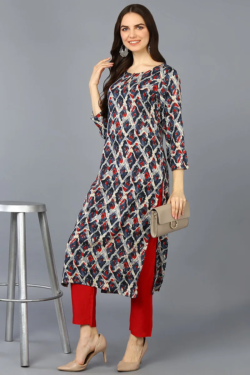 Off White Viscose Rayon Printed Straight Kurta