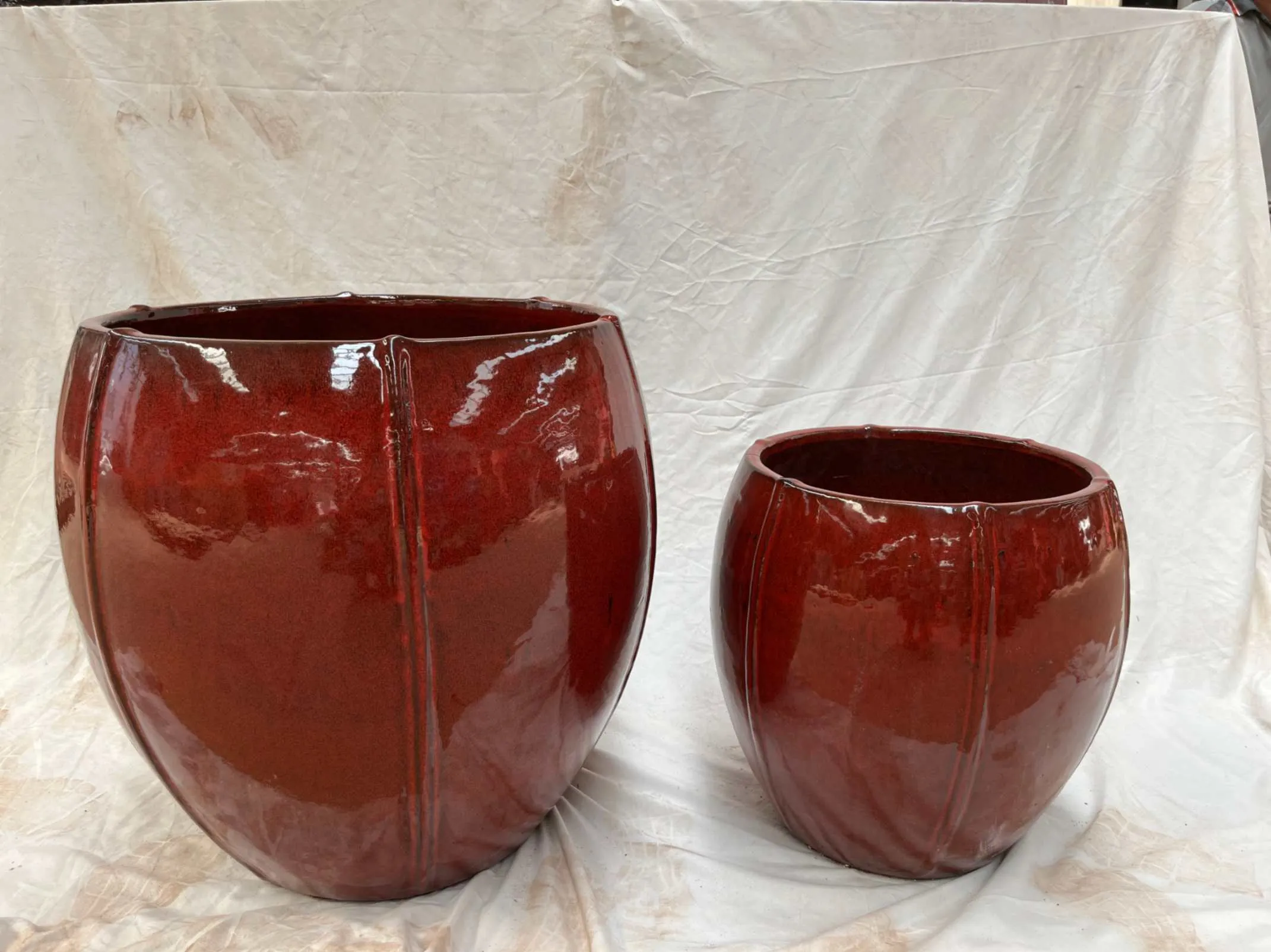 Pack of 2 Glazed Ceramic Round Planters - Red and Black Modern Pots for Indoor and Outdoor Use