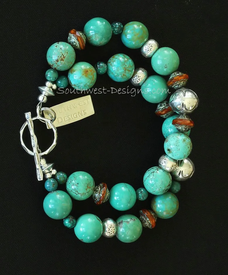 Pilot Mountain Turquoise Rounds 2-Strand Bracelet with Ornate Czech Glass Bicones, Turquoise Rounds, Jan Mariano Stamped Sterling Rondelles, and Sterling Silver Toggle Clasp