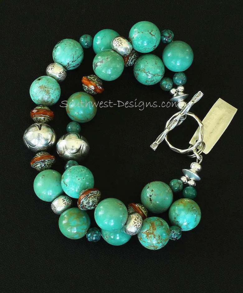 Pilot Mountain Turquoise Rounds 2-Strand Bracelet with Ornate Czech Glass Bicones, Turquoise Rounds, Jan Mariano Stamped Sterling Rondelles, and Sterling Silver Toggle Clasp