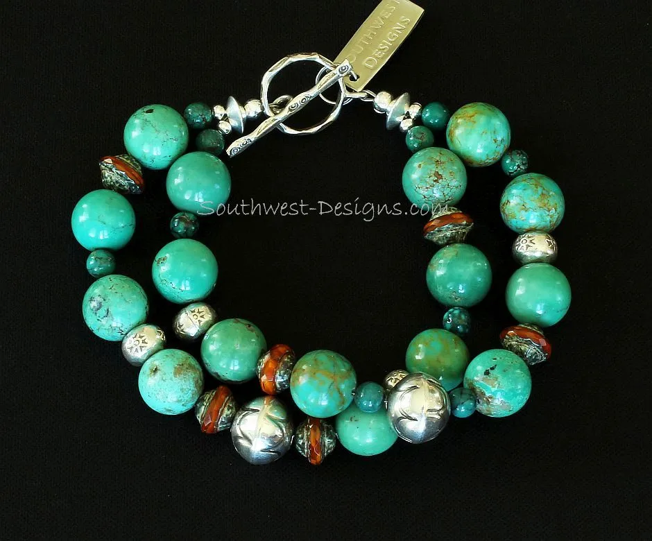 Pilot Mountain Turquoise Rounds 2-Strand Bracelet with Ornate Czech Glass Bicones, Turquoise Rounds, Jan Mariano Stamped Sterling Rondelles, and Sterling Silver Toggle Clasp