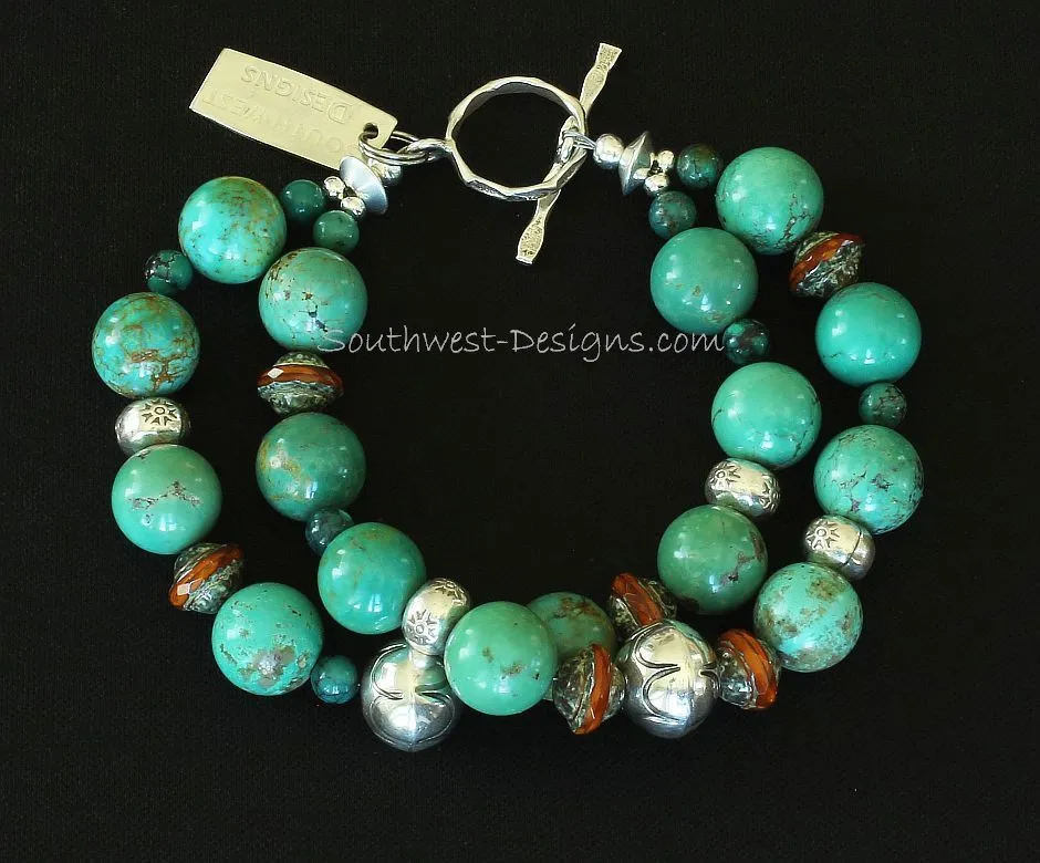 Pilot Mountain Turquoise Rounds 2-Strand Bracelet with Ornate Czech Glass Bicones, Turquoise Rounds, Jan Mariano Stamped Sterling Rondelles, and Sterling Silver Toggle Clasp