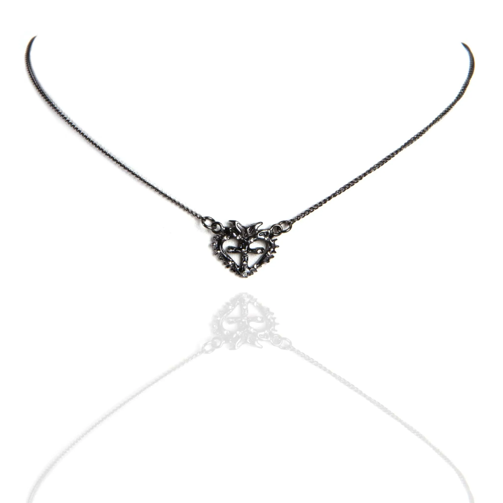 Queen of Hearts Petite Crystal Logo Necklace 14"to 16" - Silver