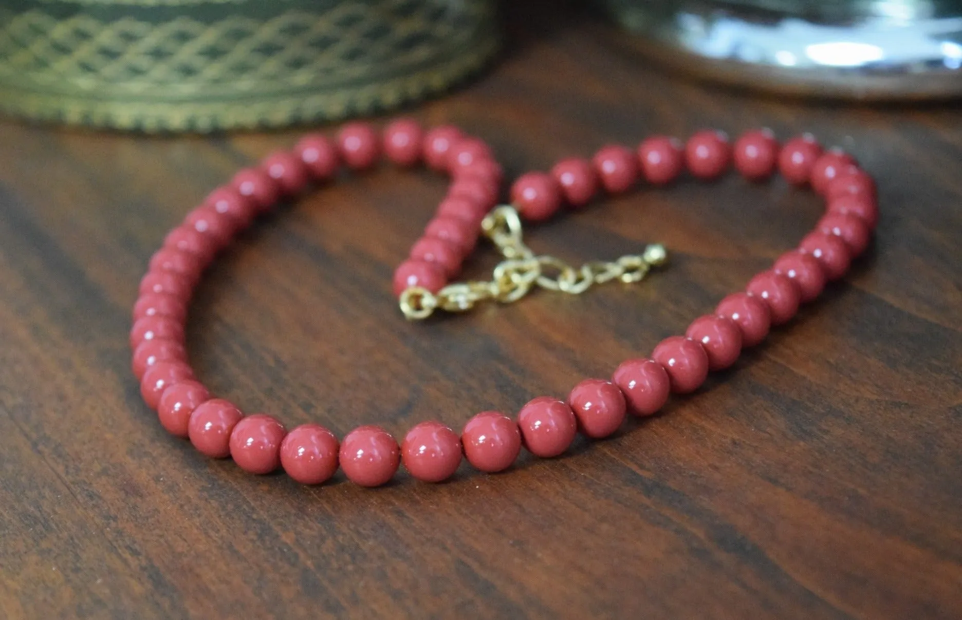 Red "Coral" Pearl Beaded Necklace - Small