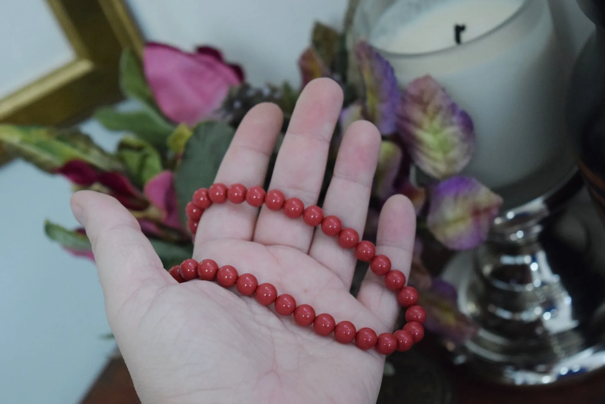 Red "Coral" Pearl Beaded Necklace - Small