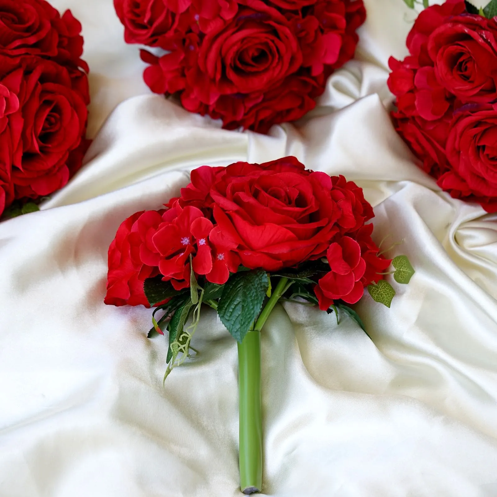 Rose & Hydrangea Bouquet Artificial Silk Flowers - Red