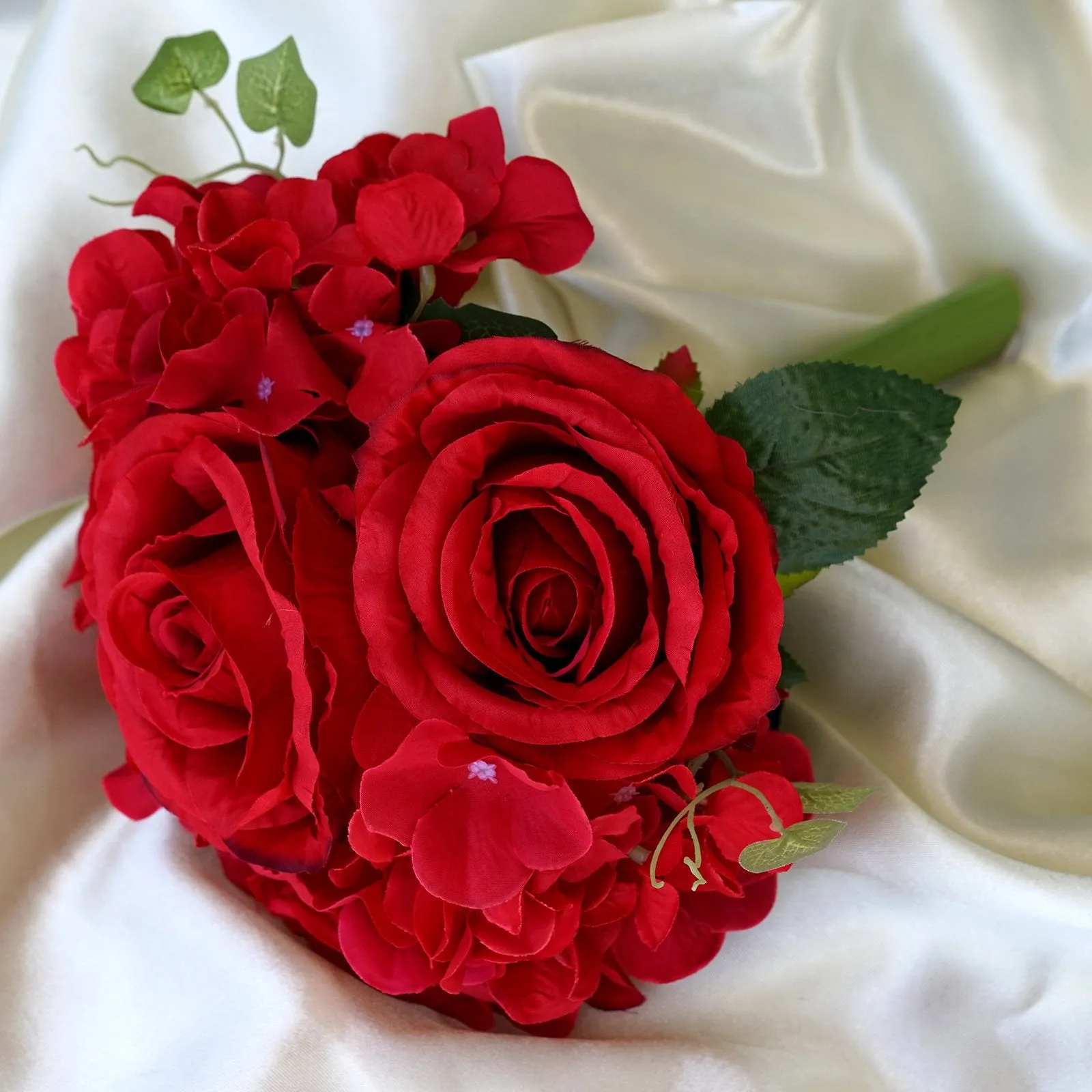 Rose & Hydrangea Bouquet Artificial Silk Flowers - Red