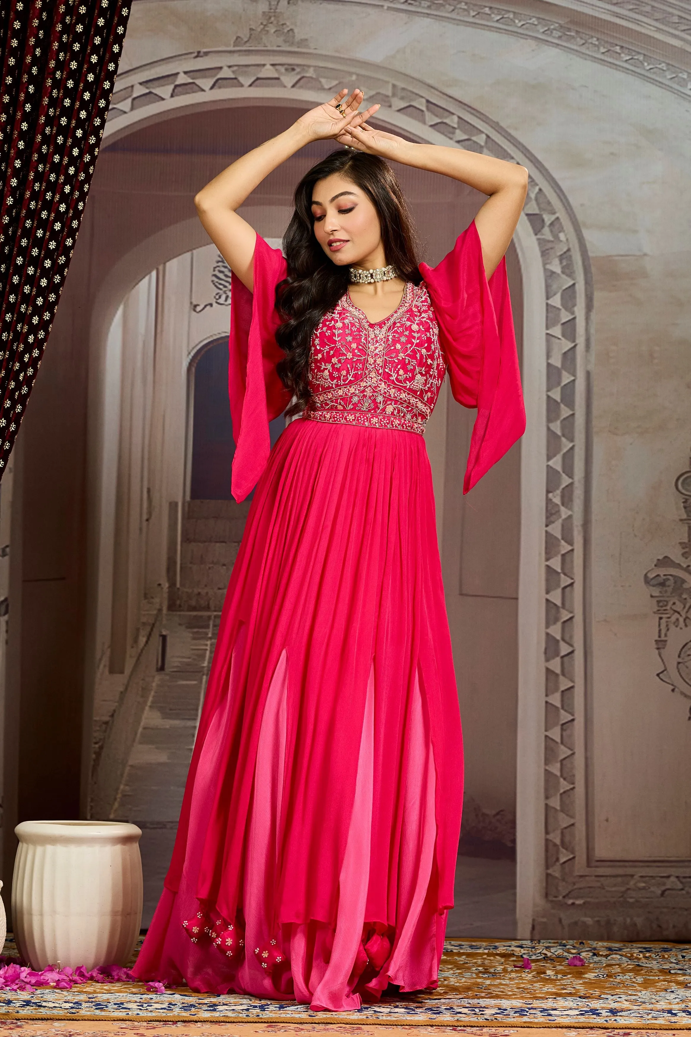 Rose Pink Embellished Chinon Silk Gown