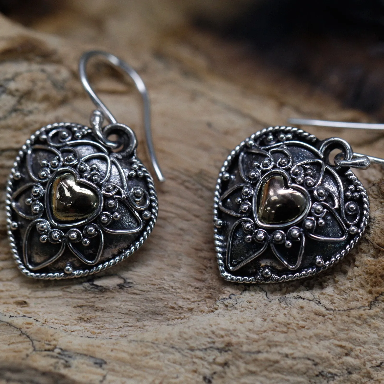 Sterling Silver & 18ct Gold Earrings - Mandala Hearts