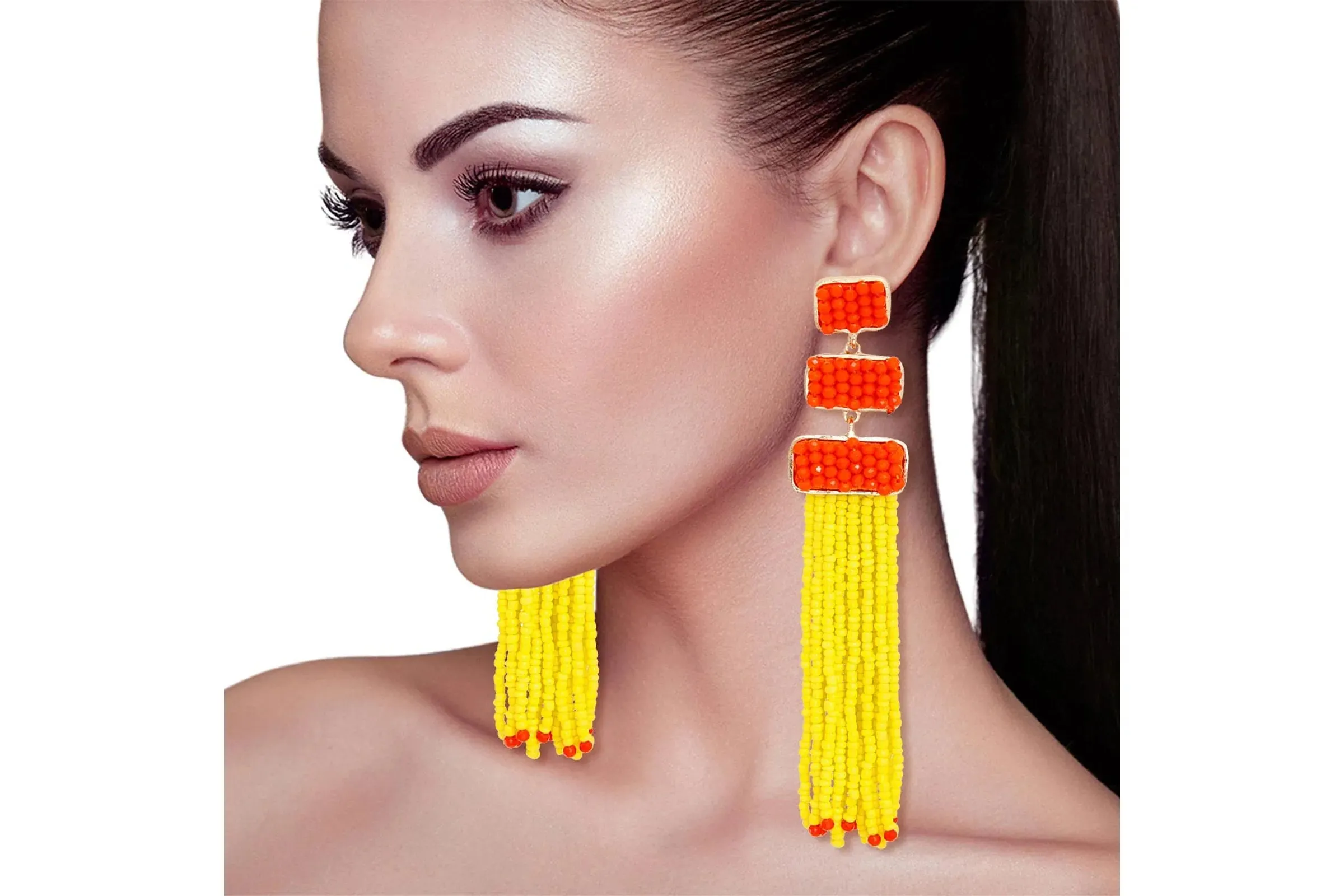 Tassel Yellow Orange Bead Long Earrings for Women