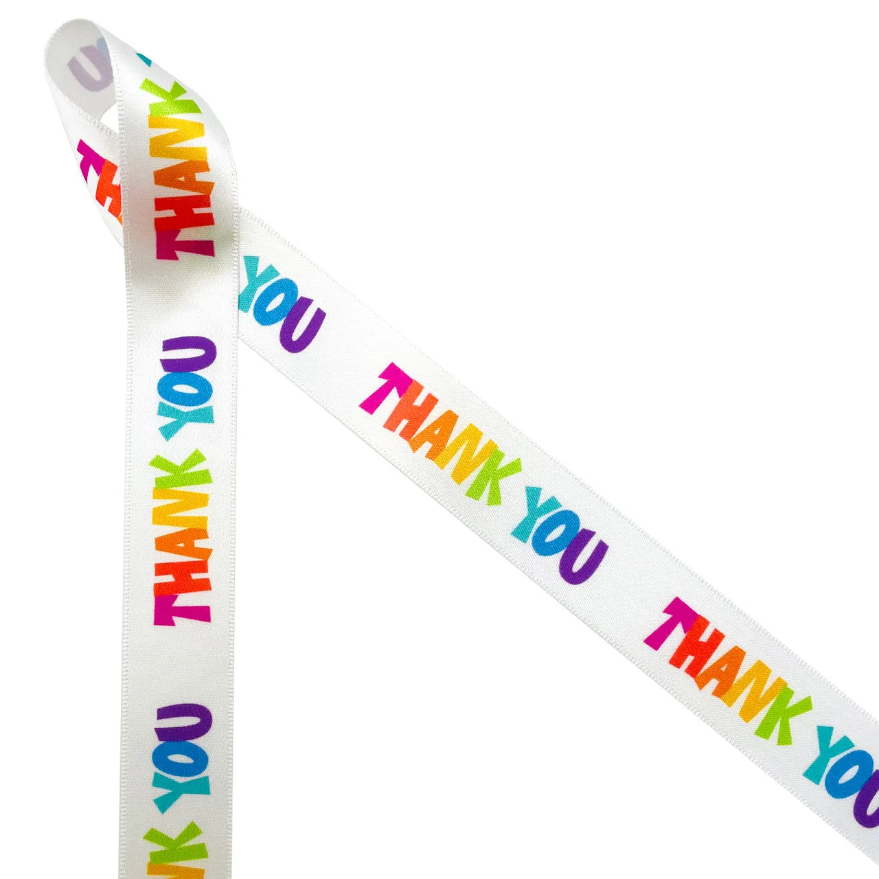 Thank you ribbon in rainbow block font printed on 5/8 and 7/8" white single face satin