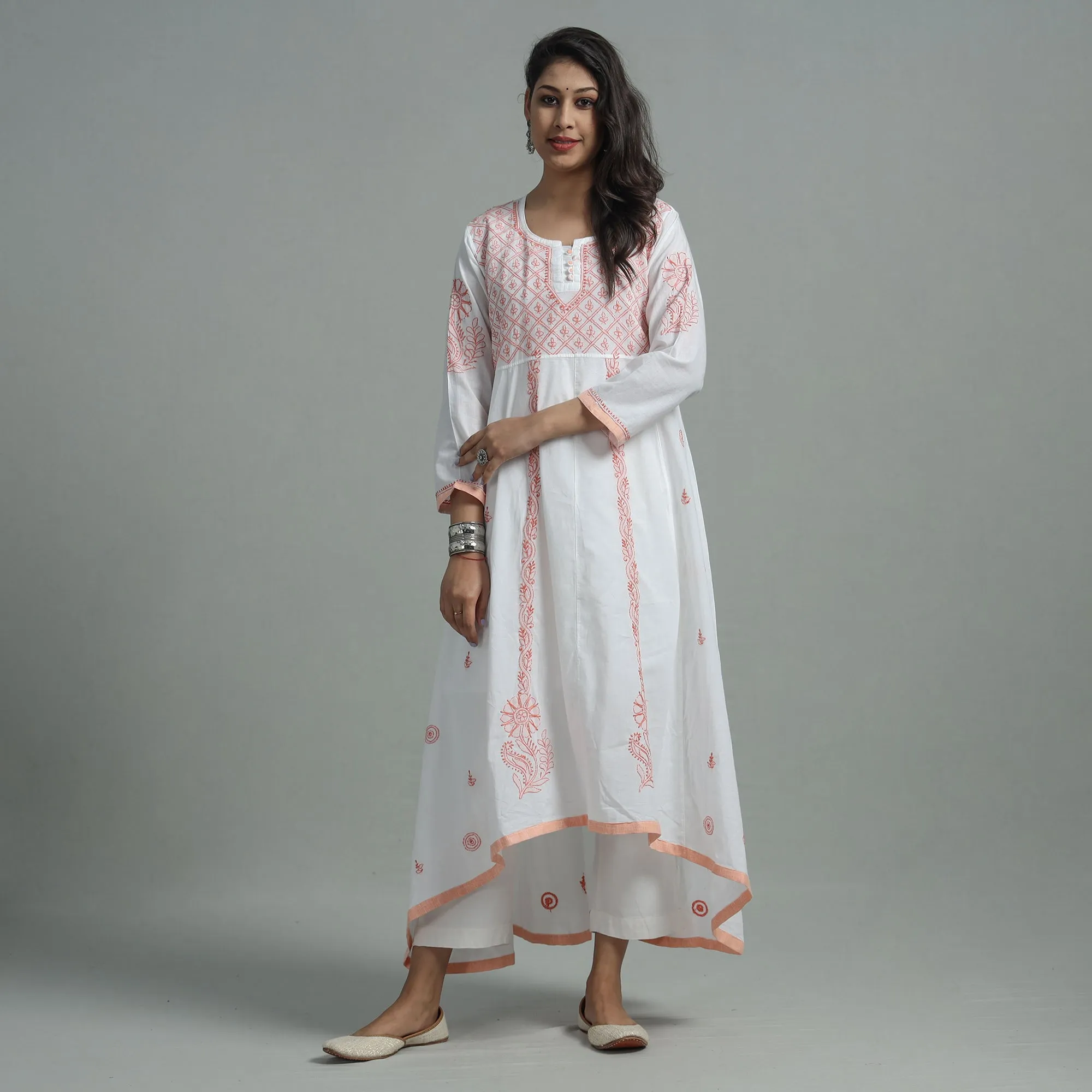 White Orange Chikankari Hand Embroidered Cotton Anarkali Long Kurta with Inner