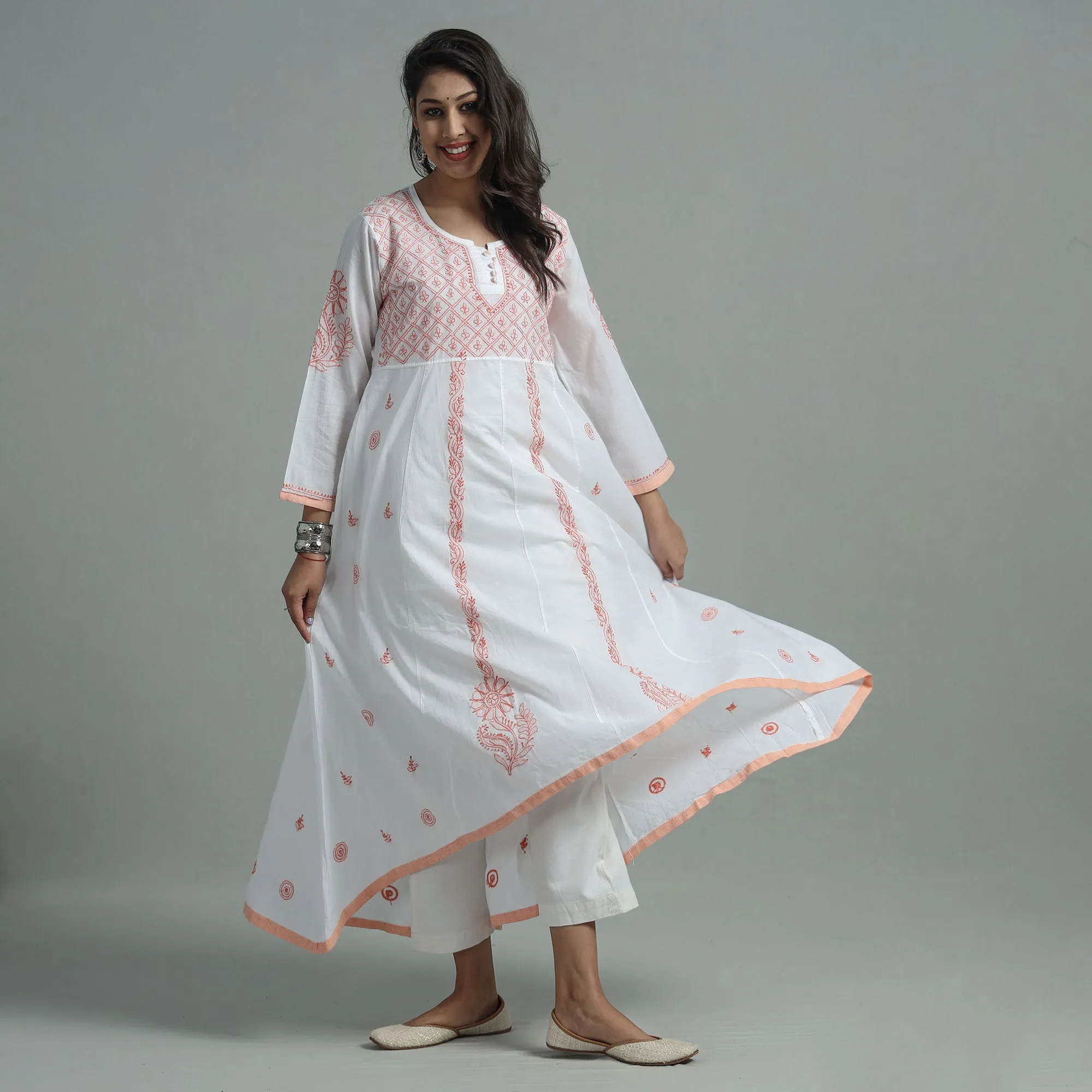 White Orange Chikankari Hand Embroidered Cotton Anarkali Long Kurta with Inner