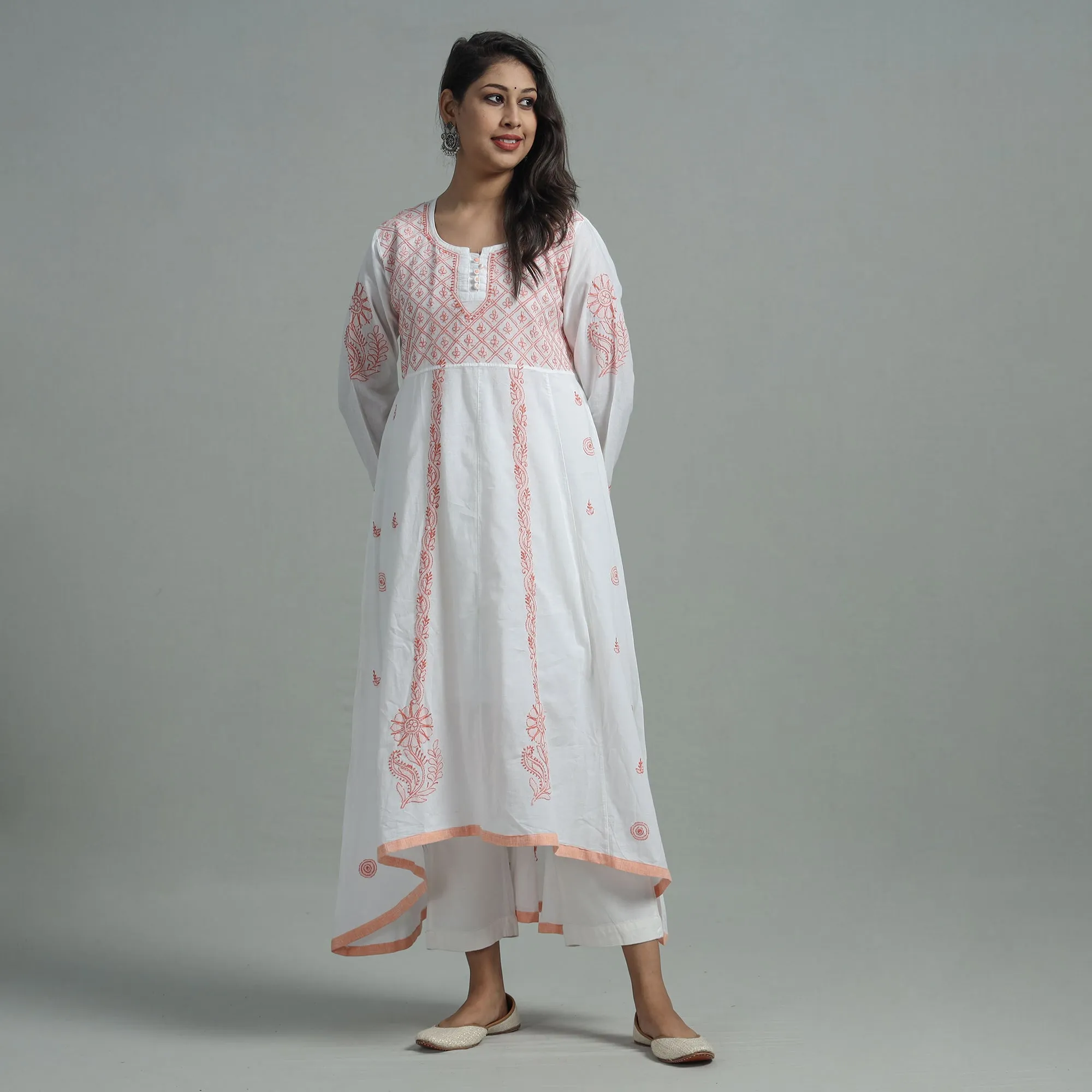 White Orange Chikankari Hand Embroidered Cotton Anarkali Long Kurta with Inner