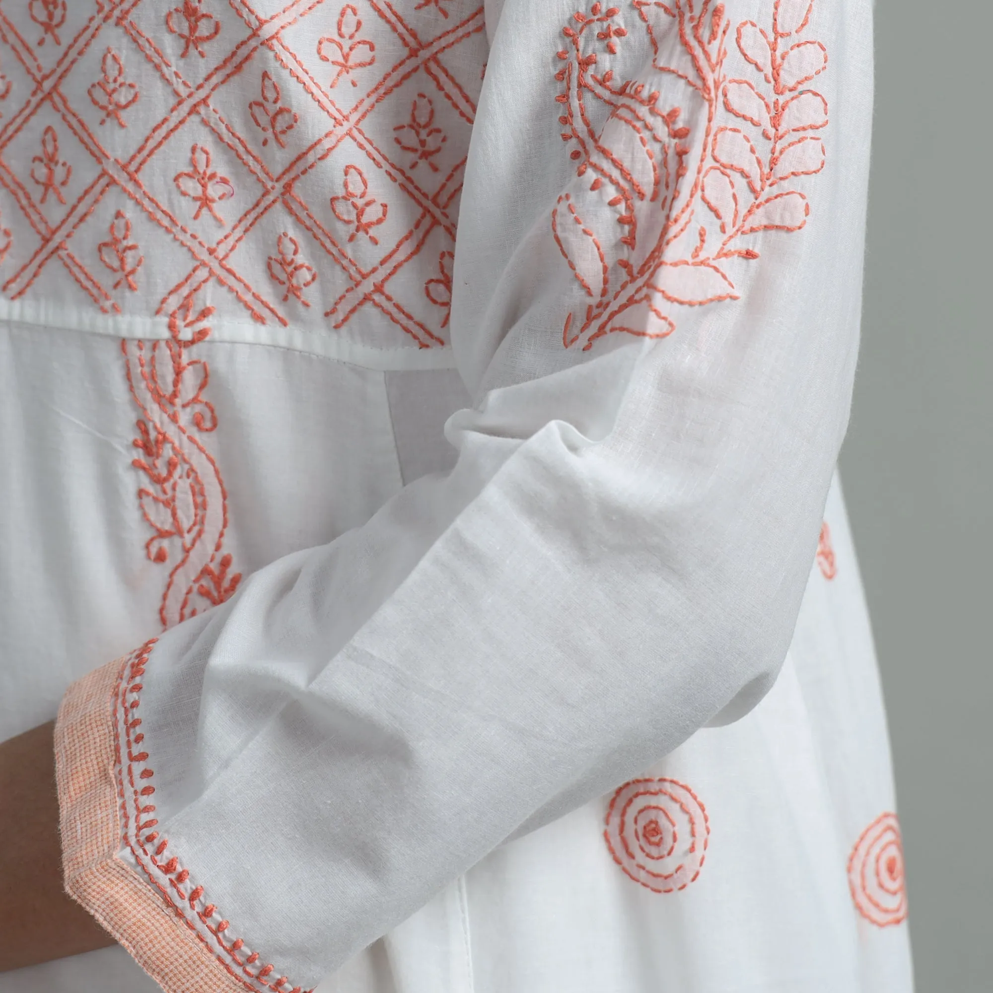 White Orange Chikankari Hand Embroidered Cotton Anarkali Long Kurta with Inner