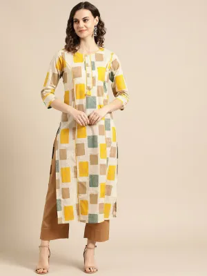 Women Beige Calf Length Three-Quarter Sleeves A-Line Geometric Printed Cotton Kurta