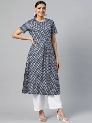 Women Black Calf Length Short Sleeves Straight Floral Printed Cotton Kurta