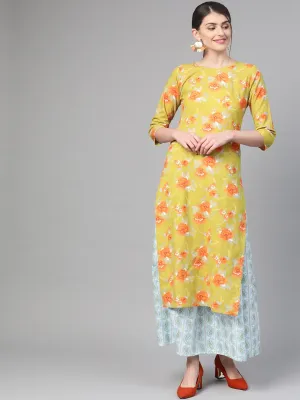 Women Green & Orange Straight Floral Printed Kurta And Skirt Set