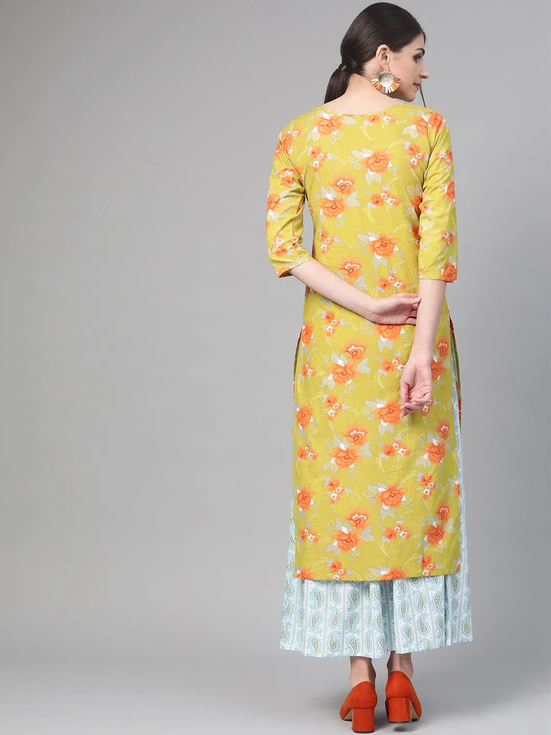 Women Green & Orange Straight Floral Printed Kurta And Skirt Set