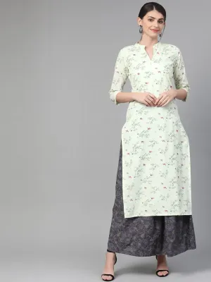 Women Green & Pink Straight Floral Printed Kurta And Skirt Set