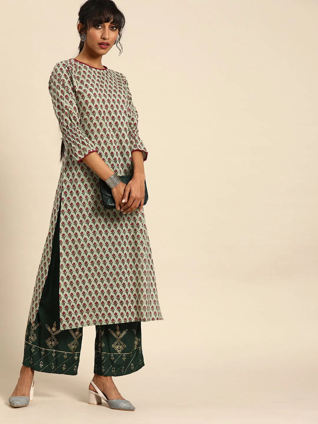 Women Green Calf Length Three-Quarter Sleeves Straight Floral Printed Cotton Kurta