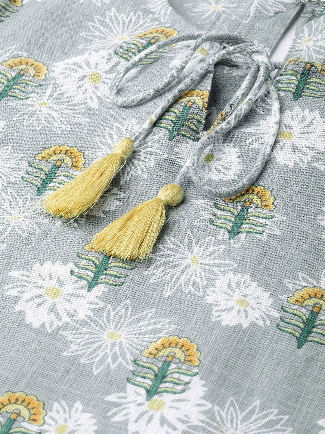 Women Grey & Yellow Cotton Straight Floral Printed Kurta