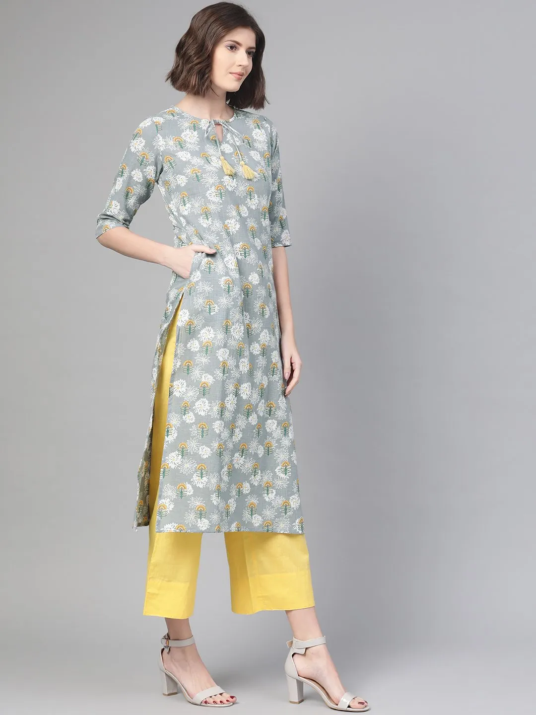 Women Grey & Yellow Cotton Straight Floral Printed Kurta