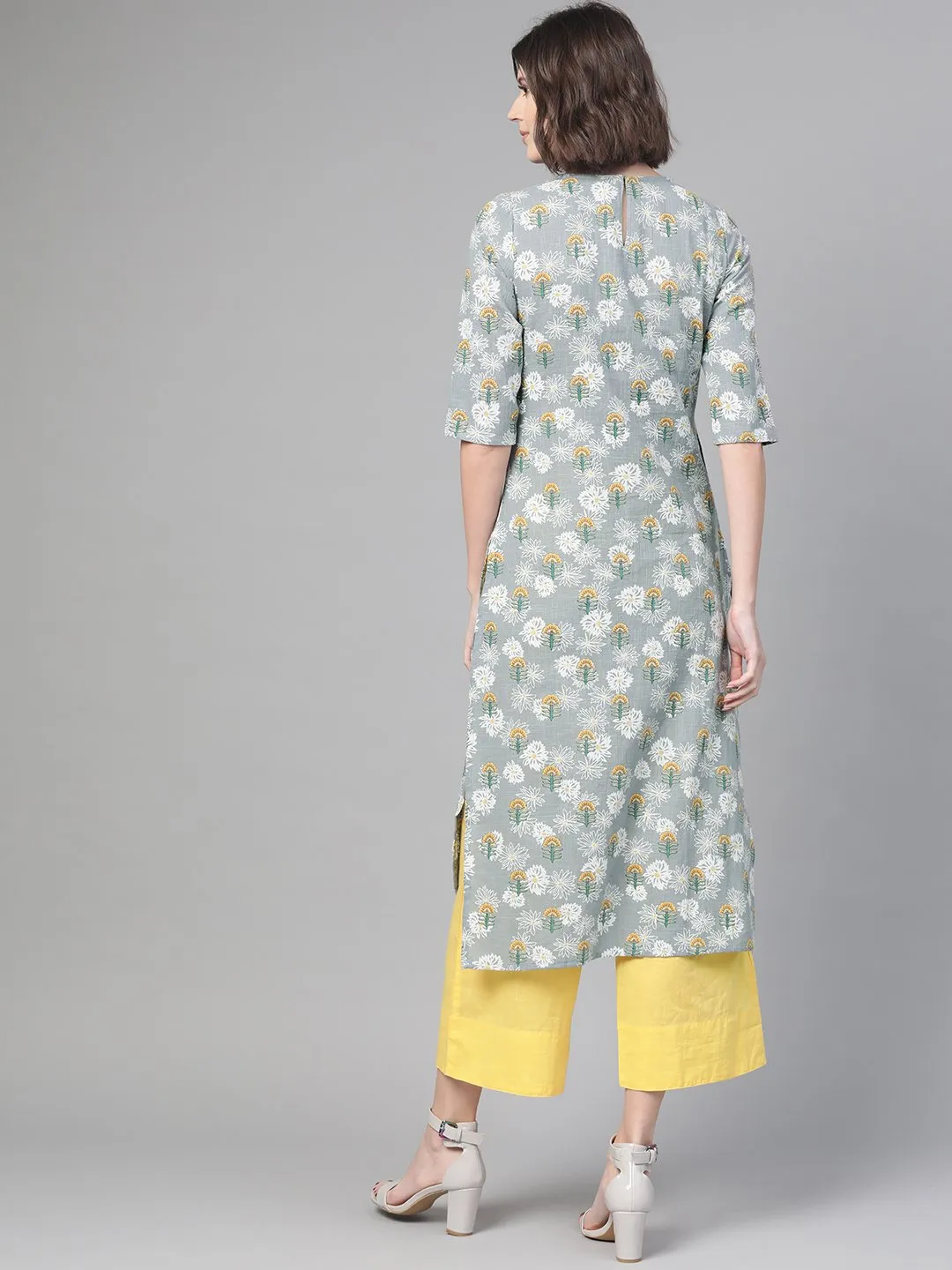 Women Grey & Yellow Cotton Straight Floral Printed Kurta