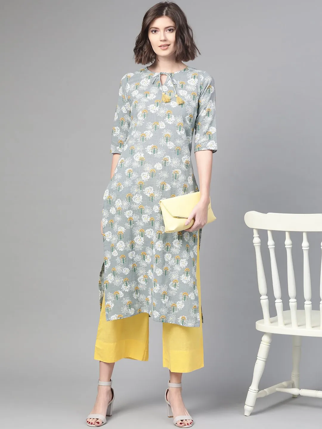 Women Grey & Yellow Cotton Straight Floral Printed Kurta