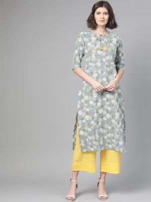 Women Grey & Yellow Cotton Straight Floral Printed Kurta