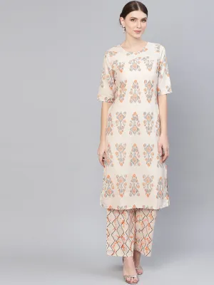 Women Off-White & Orange Printed Kurta With Palazzos