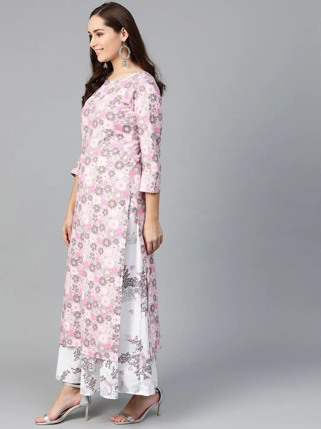 Women Pink & Grey Straight Floral Printed Kurta And Skirt Set